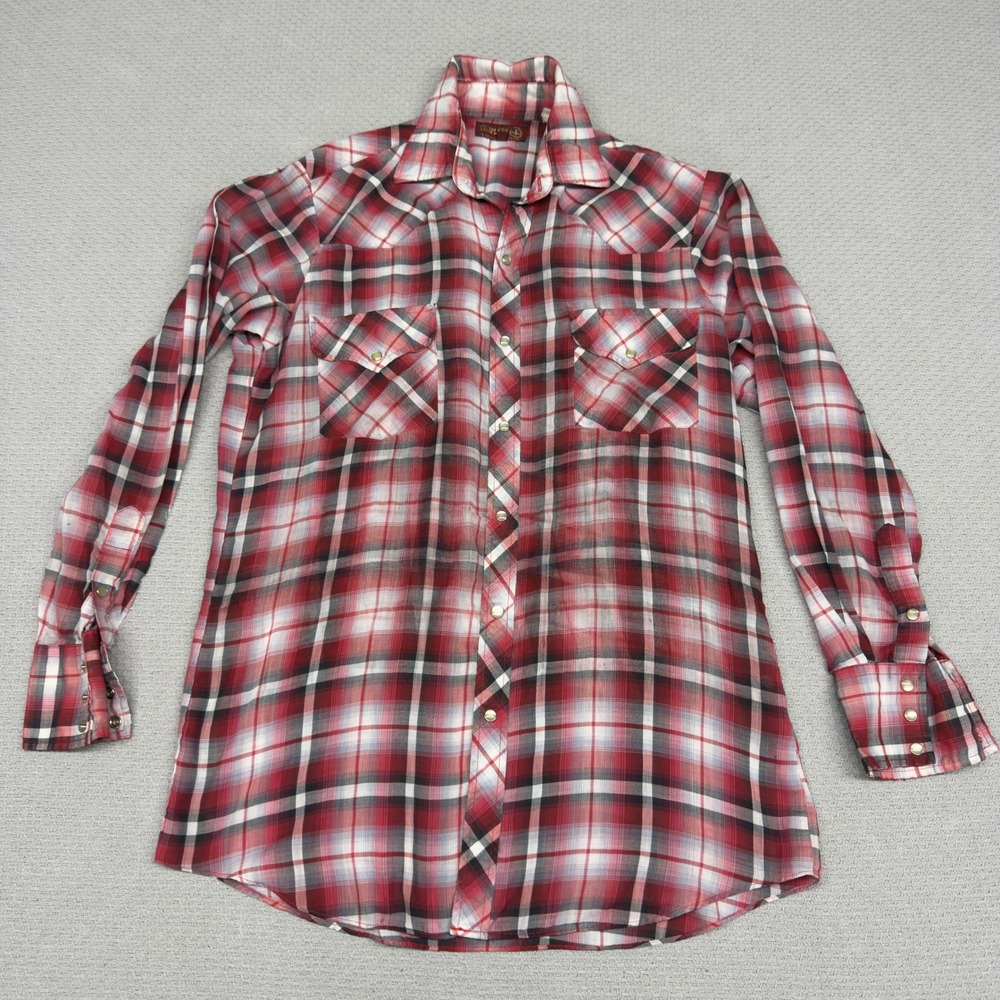 Sheplers Pearl Snap Shirt Mens Medium Red Plaid Paper Thin Distressed Grunge